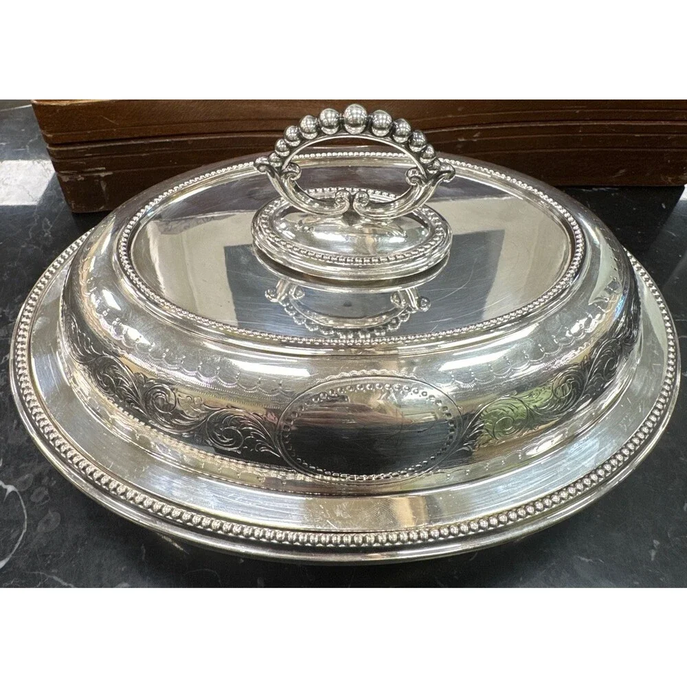 Circa 1870-1890 Victorian Silver Plated Bead & Scroll Oval Lidded Serving Bowl